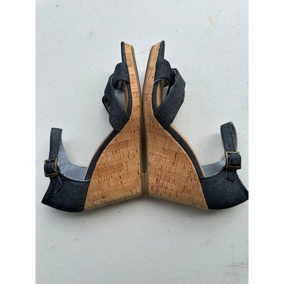 TOMS Women's Black Denim Sienna Cork Wedges Open Toe Criss Cross Sandals 8.5 - Picture 4 of 7